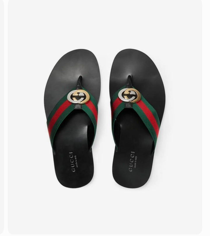 Gucci 630307 H9020 8476 Black, Red & Green Calf-Skin leather / Fabric Sandals (GGM1722)