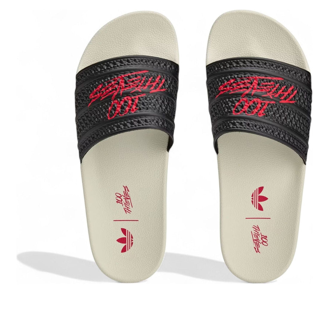 adidas x 100 Thieves Adilette Slides Asia Sizing 'Black Red' JR9152