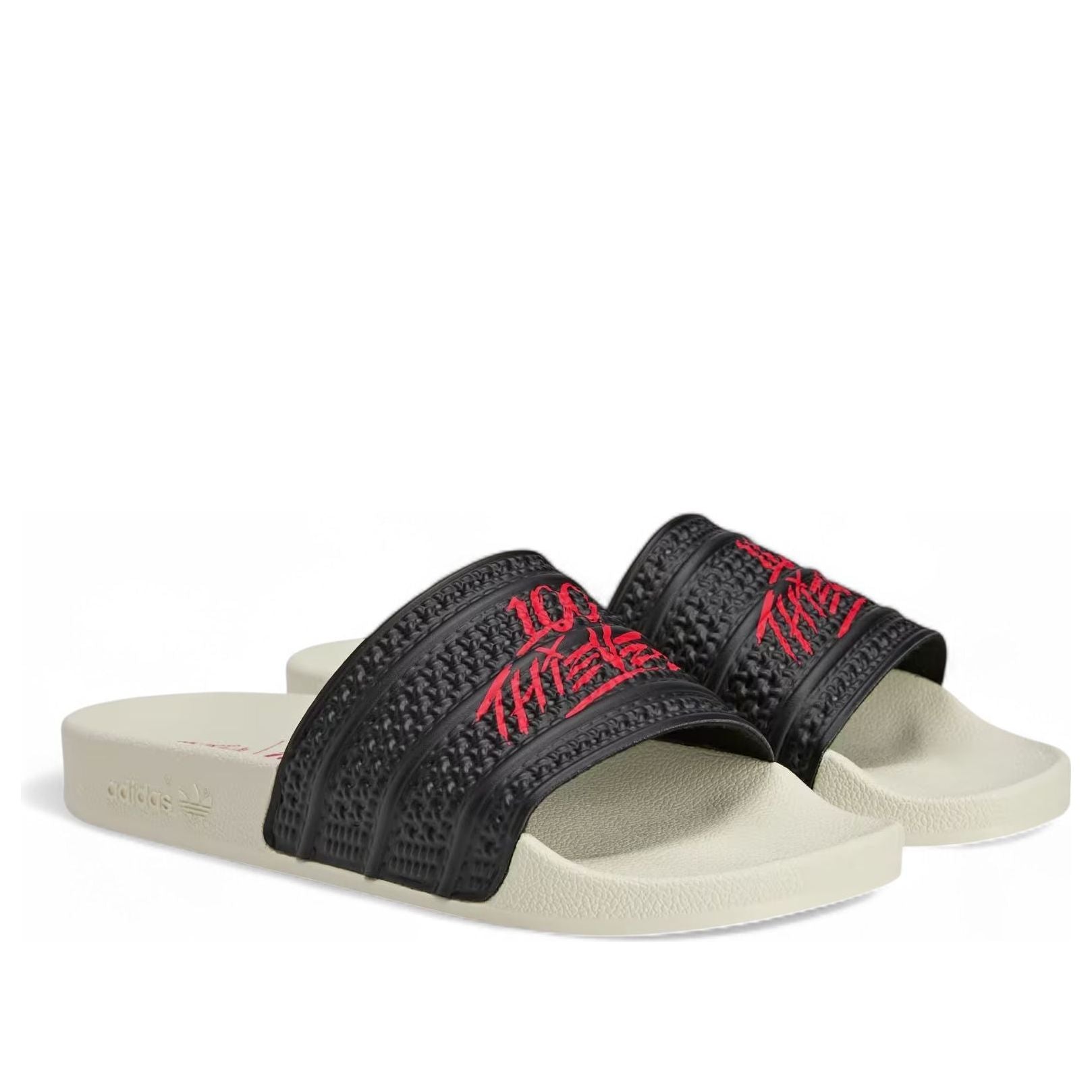 adidas x 100 Thieves Adilette Slides Asia Sizing 'Black Red' JR9152