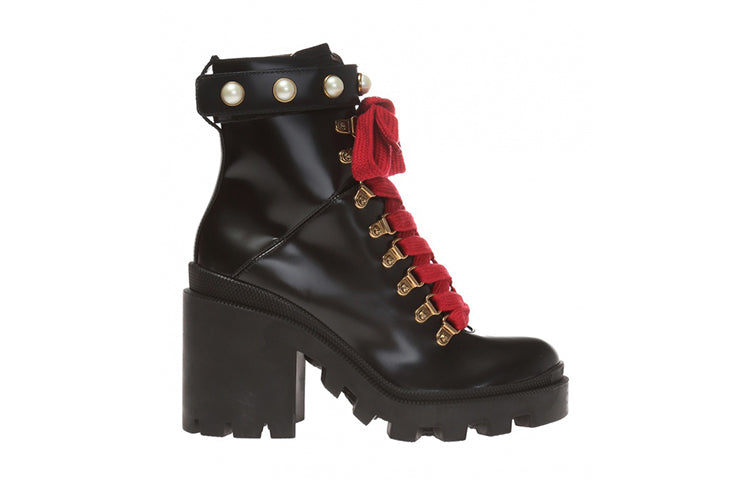 (WMNS) Gucci Magnum Calfskin Pearl Lace Up Combat Ankle Boots 'Black' 497372-DKS00-1000