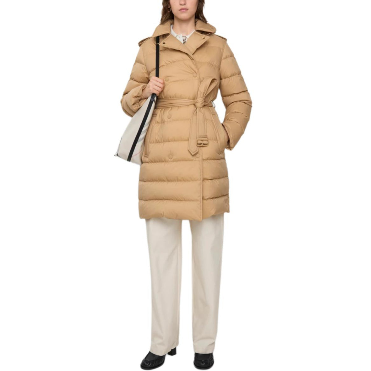 (WMNS) Burberry Double Breasted Belted Hooded Puffer Coat 'Beige' 81131751