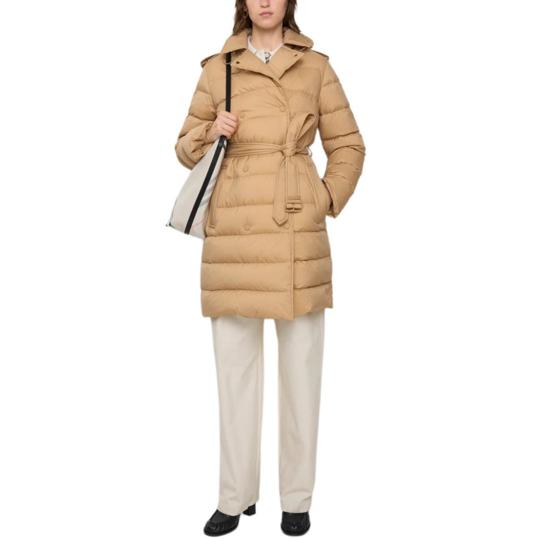 (WMNS) Burberry Double Breasted Belted Hooded Puffer Coat 'Beige' 81131751