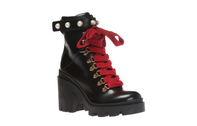 (WMNS) Gucci Magnum Calfskin Pearl Lace Up Combat Ankle Boots 'Black' 497372-DKS00-1000