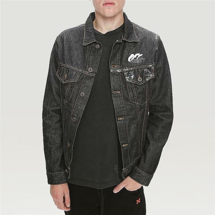 Off-White Arrows Slim Denim Jacket Embroidered Logo Printing Black OMYE005F19F050441010