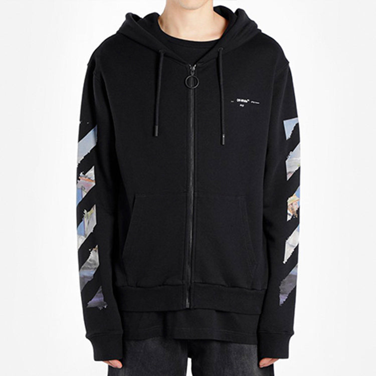 Men's Off-White Painting Printing Arrow Pattern Zipper Classic Black OMBE001G20FLE0011088