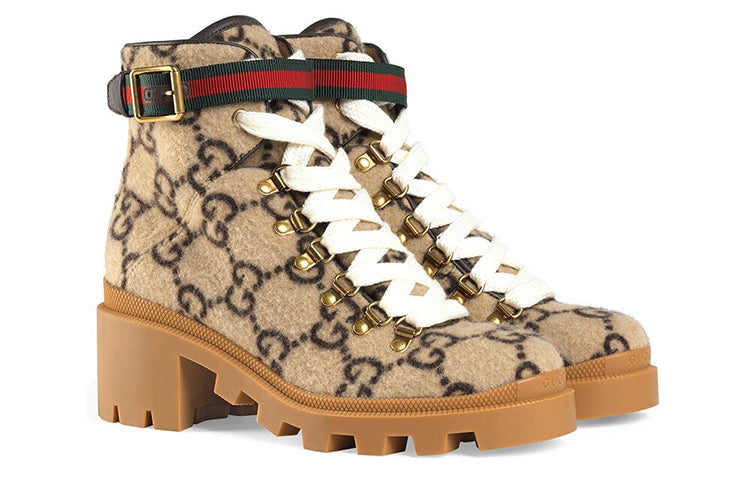 (WMNS) Gucci GG Monogram Lace Up Combat Ankle Boots 'Beige' 578585-G38H0-9772