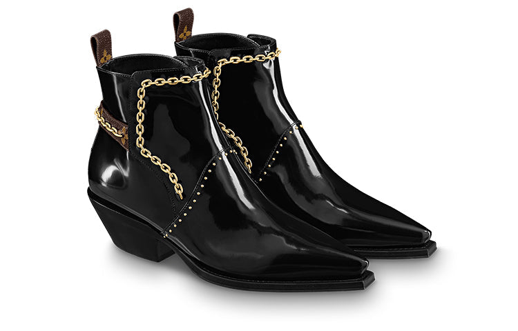(WMNS) LOUIS VUITTON Matador Ankle Boots 'Black with Gold Chain and Monogram Straps' 1A8D0C