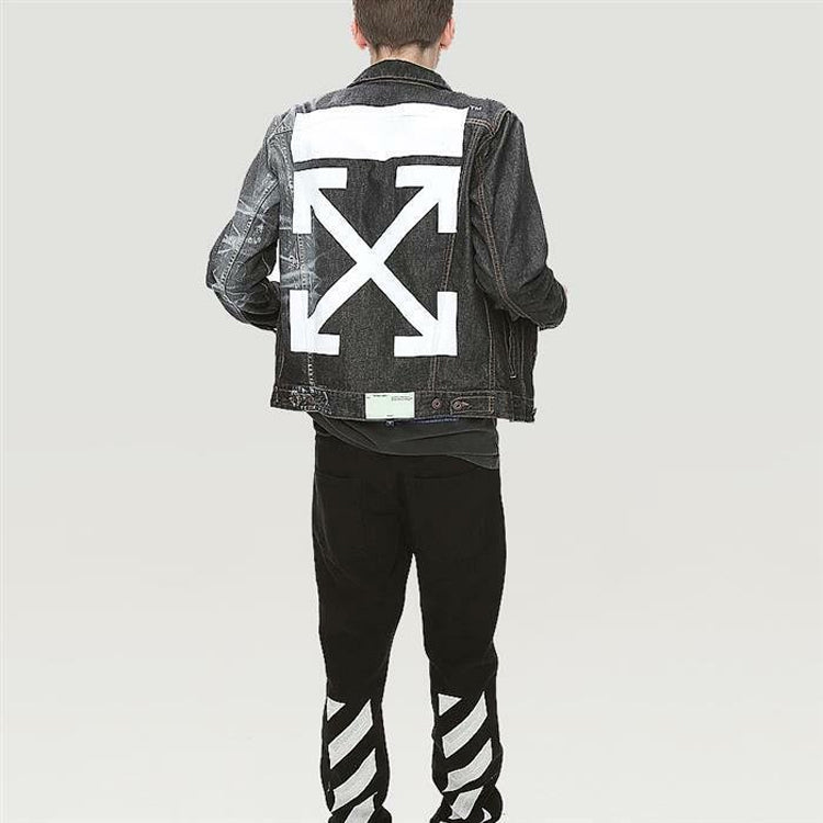 Off-White Arrows Slim Denim Jacket Embroidered Logo Printing Black OMYE005F19F050441010