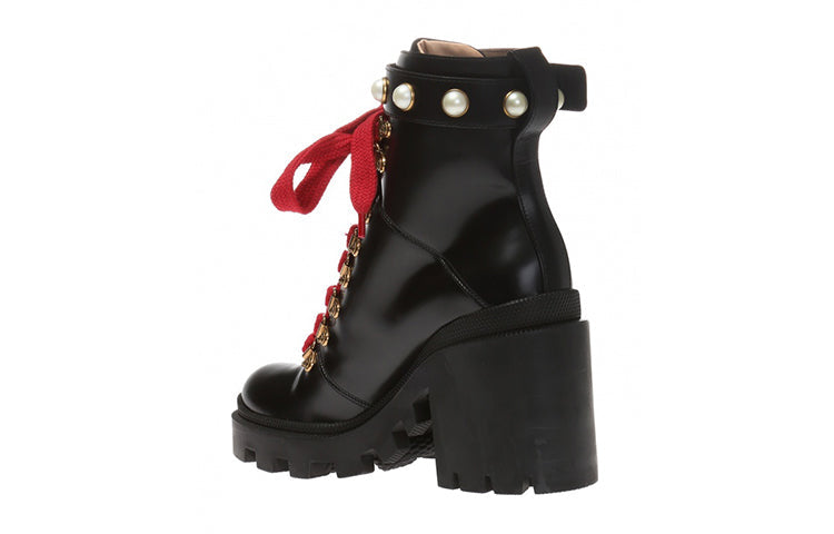 (WMNS) Gucci Magnum Calfskin Pearl Lace Up Combat Ankle Boots 'Black' 497372-DKS00-1000