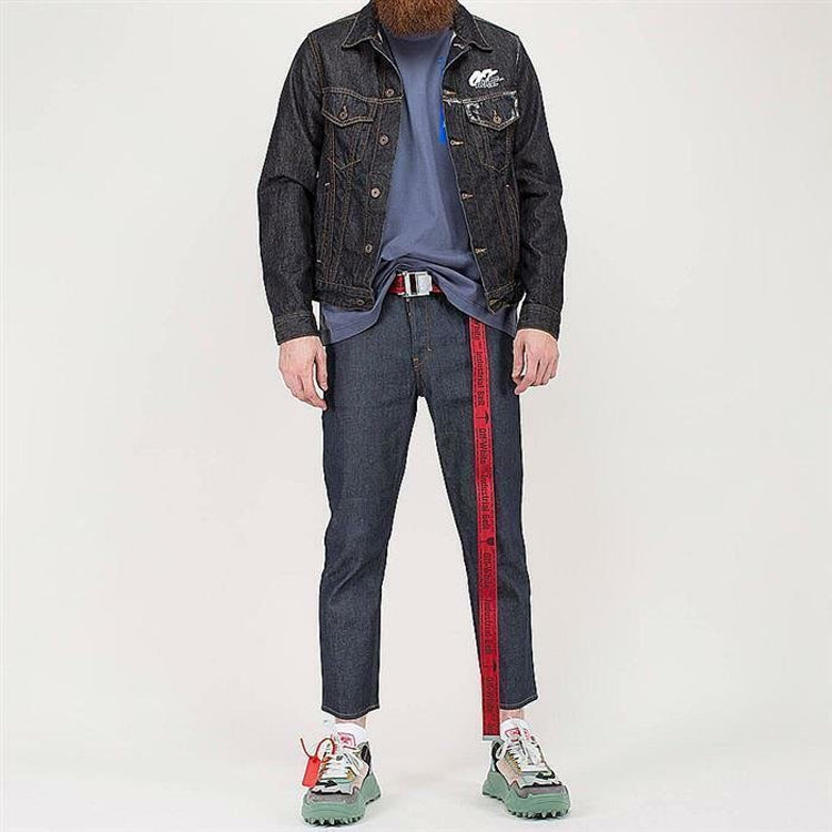 Off-White Arrows Slim Denim Jacket Embroidered Logo Printing Black OMYE005F19F050441010
