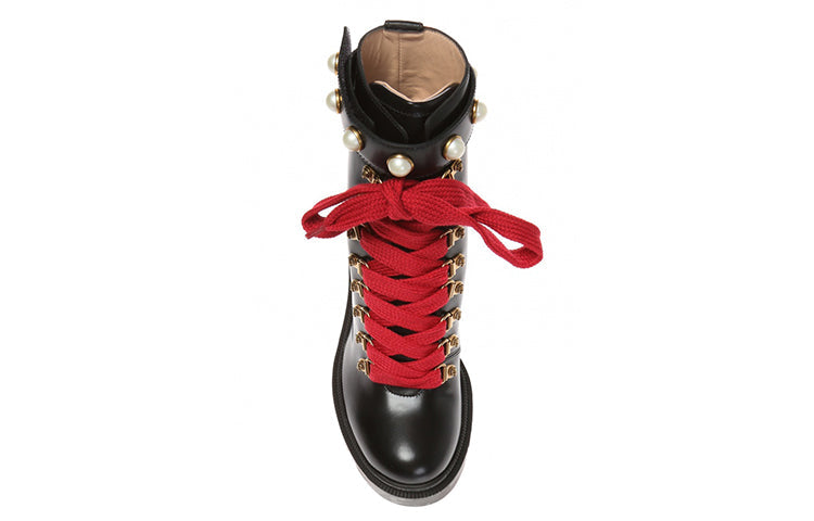 (WMNS) Gucci Magnum Calfskin Pearl Lace Up Combat Ankle Boots 'Black' 497372-DKS00-1000
