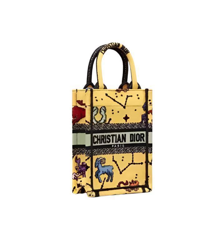 Christian Dior Canvas Embroidered Pixel Zodiac Mini Book Tote Phone Bag in Latte Multicolor