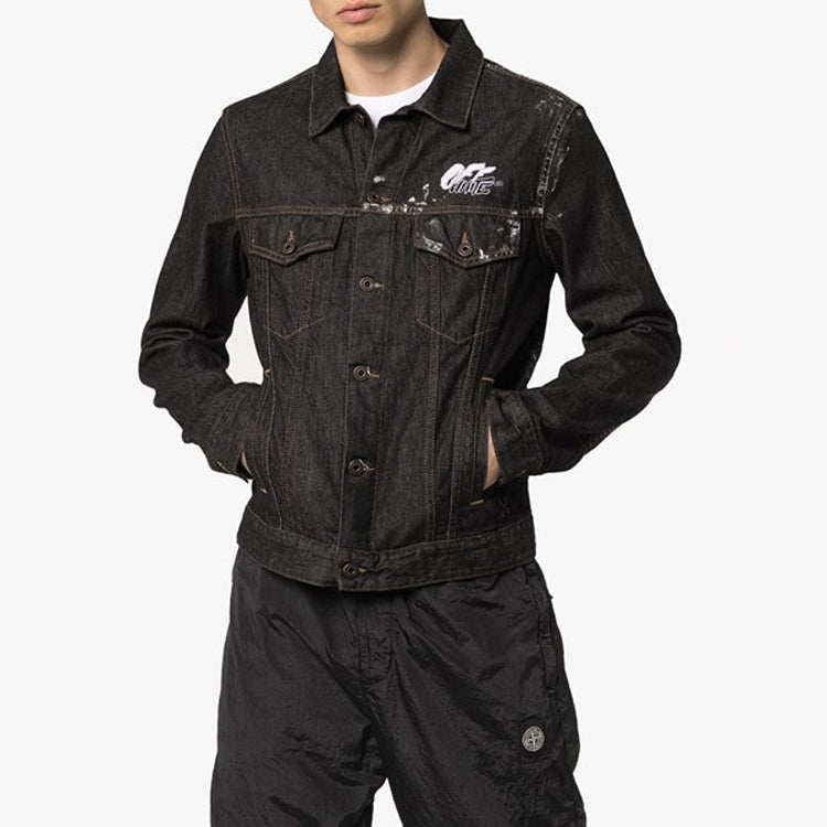 Off-White Arrows Slim Denim Jacket Embroidered Logo Printing Black OMYE005F19F050441010