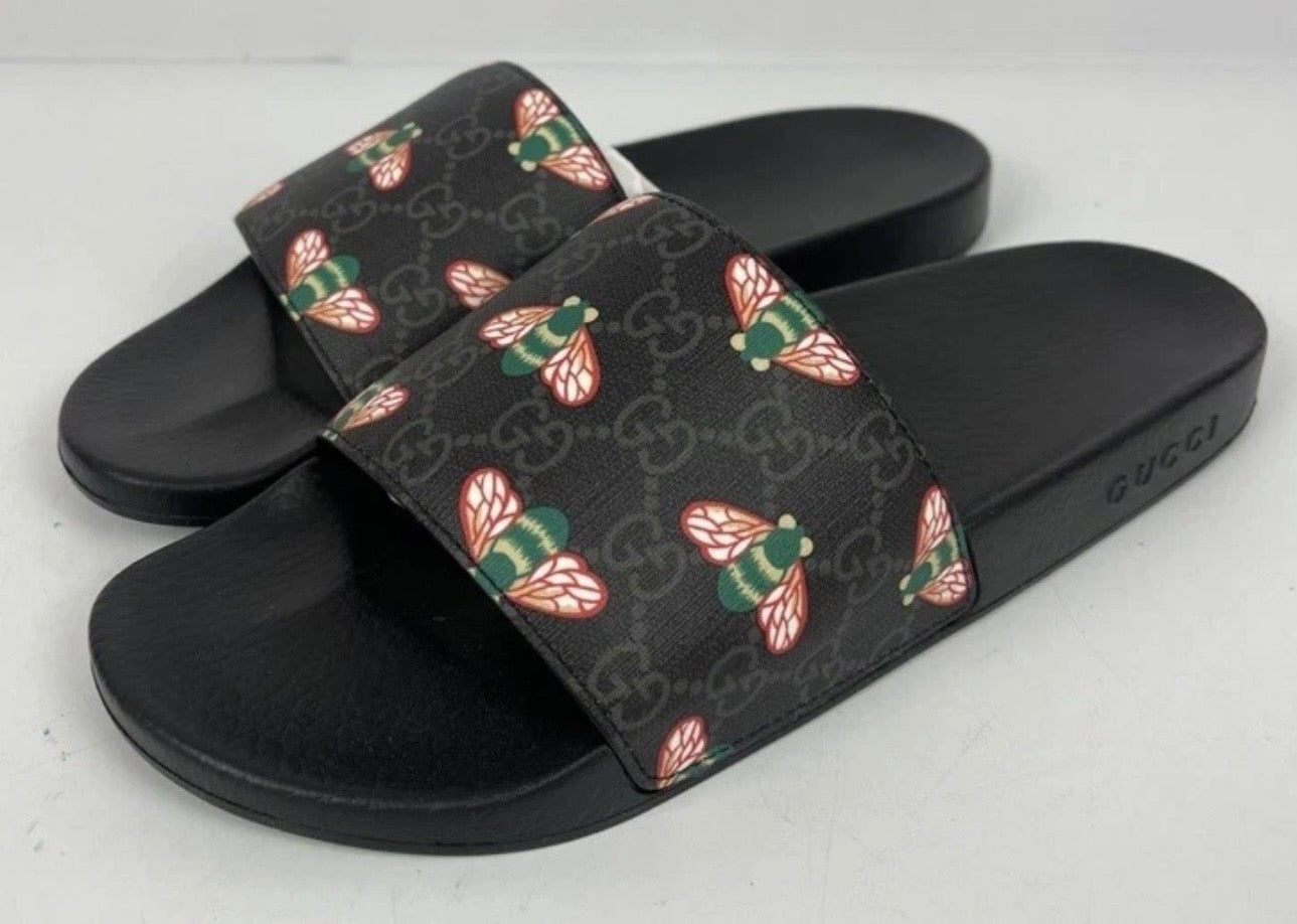 NEW AUTH GUCCI GG MONOGRAM SUPREME LOGO BEE PRINT SLIDES SANDALS