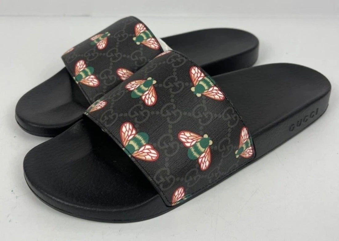 NEW AUTH GUCCI GG MONOGRAM SUPREME LOGO BEE PRINT SLIDES SANDALS