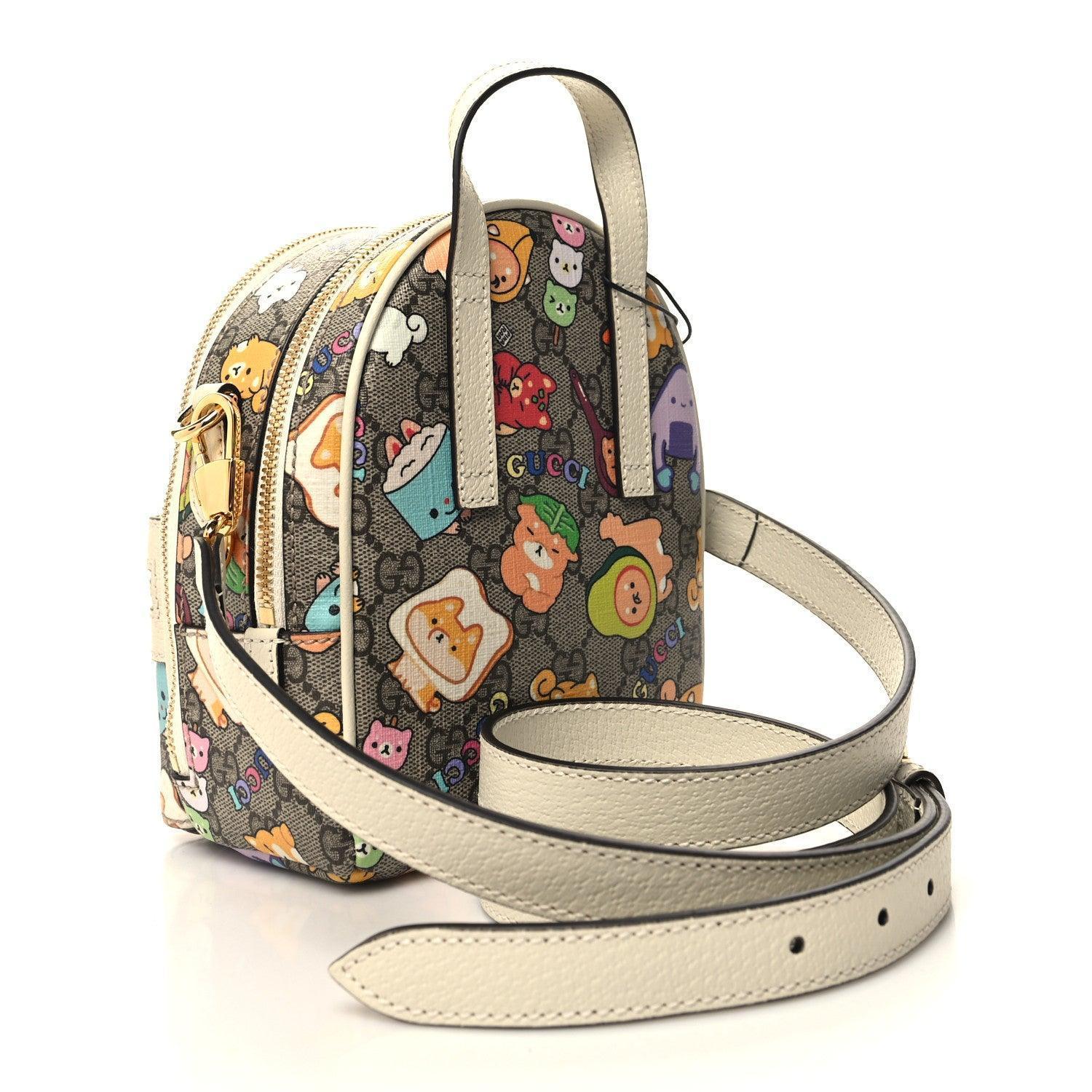 Gucci X PIKARAR GG Supreme Monogram Textured Dollar Calfskin Animal Print Retro Interlocking G Multi-Function Bag Beige Ebony Multicolor Mystic White