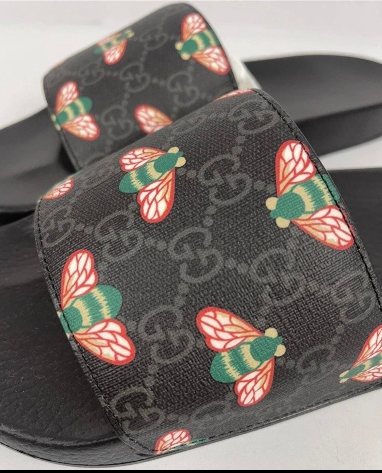 NEW AUTH GUCCI GG MONOGRAM SUPREME LOGO BEE PRINT SLIDES SANDALS