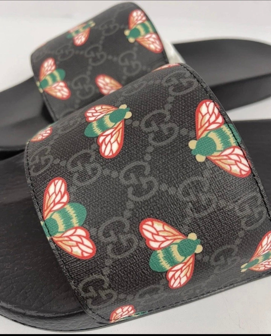 NEW AUTH GUCCI GG MONOGRAM SUPREME LOGO BEE PRINT SLIDES SANDALS