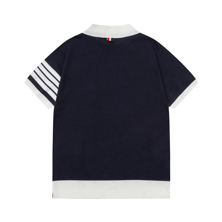 Thom Browne Navy Blue & White T-Shirt with Collar