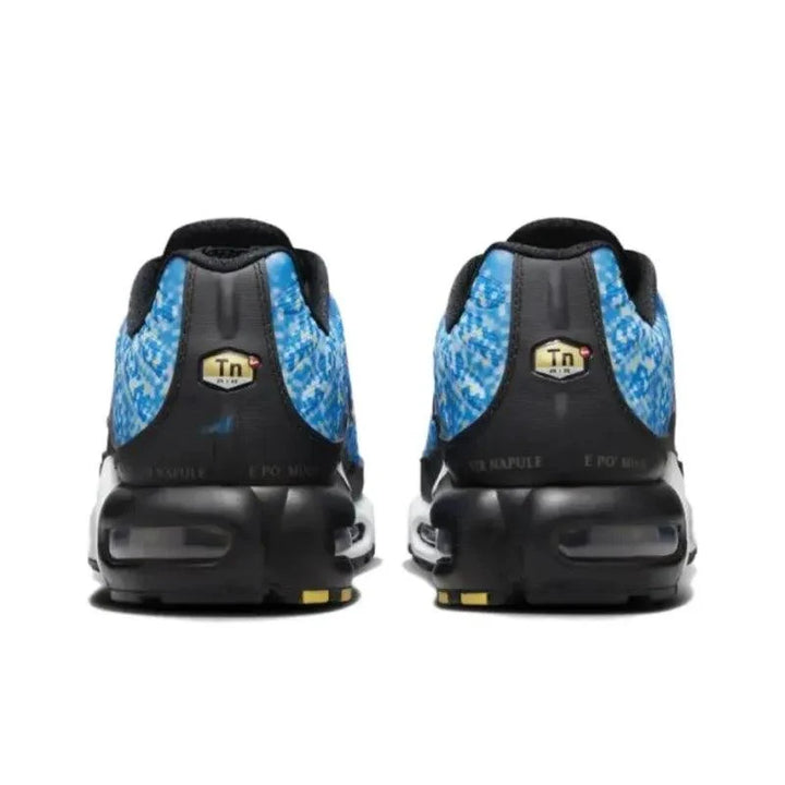 Rear view of blue and black patterned athletic sneakers with TN branding.