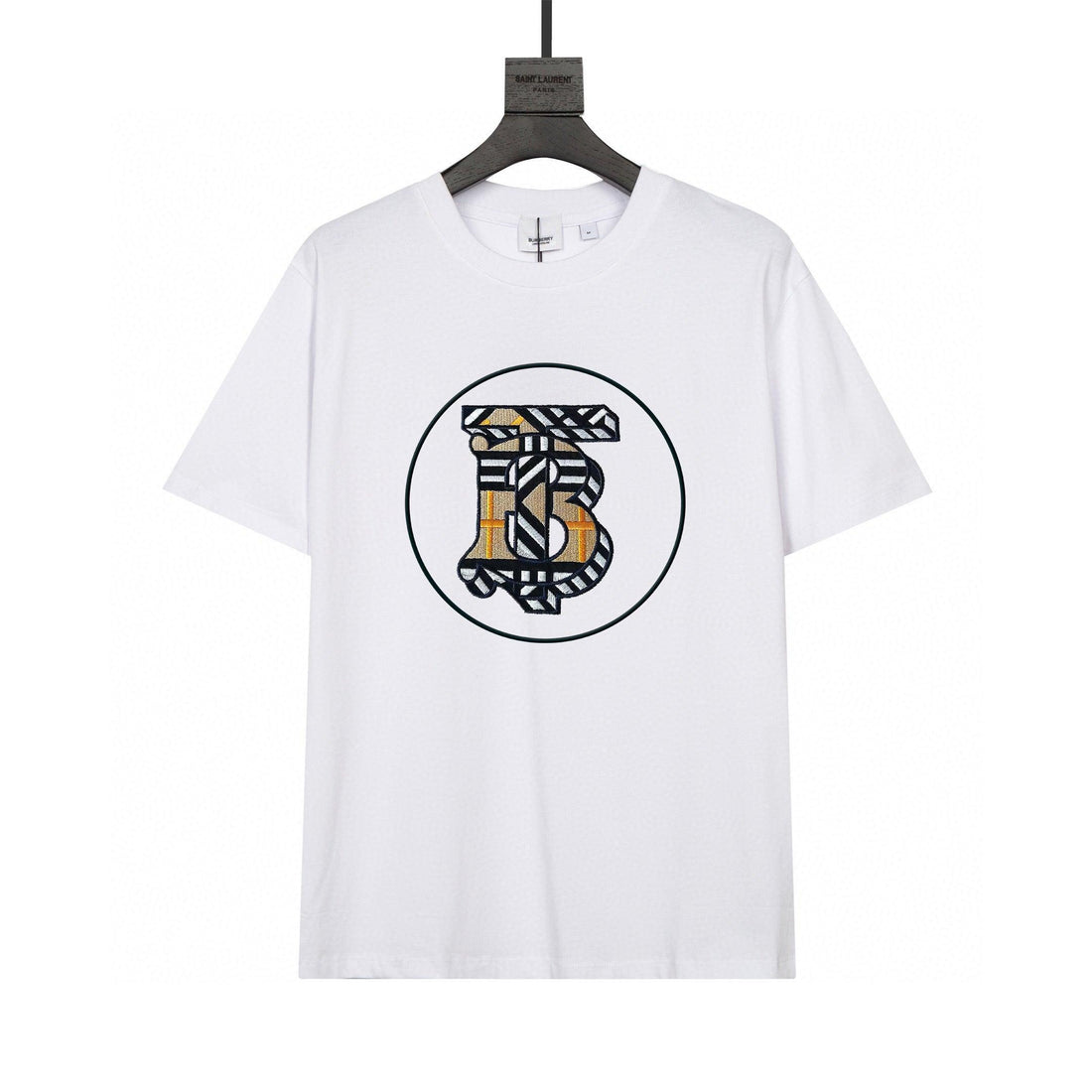 Burberry Collarless T-Shirt: White & Beige Cotton Crewneck