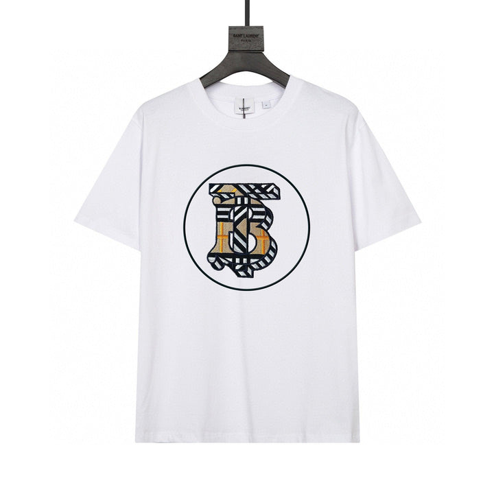 Burberry Collarless T-Shirt: White & Beige Cotton Crewneck
