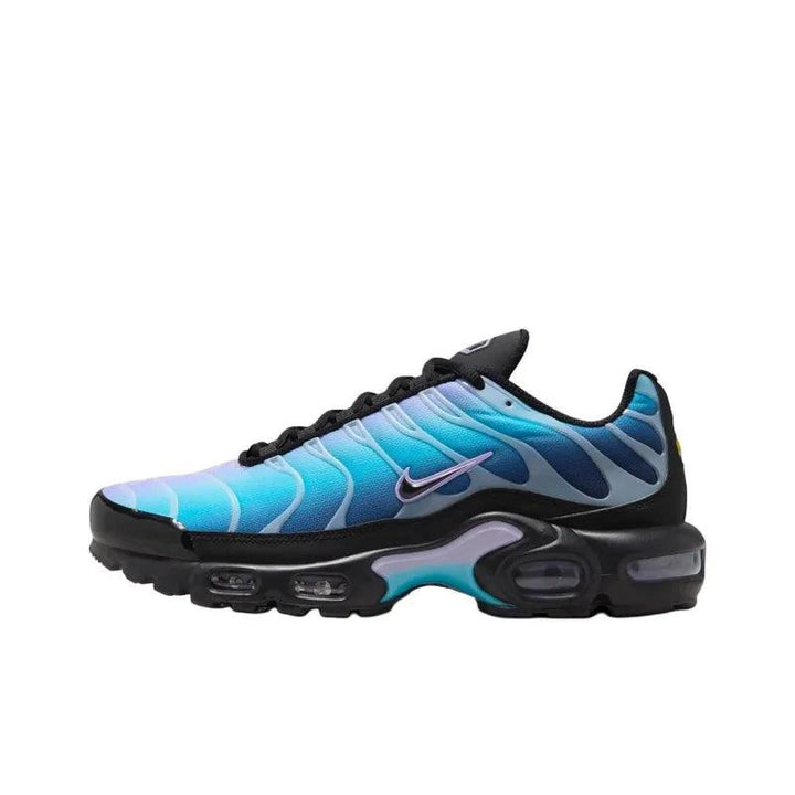 Blue and purple gradient Nike Air Max sneakers with black soles and wavy patterns