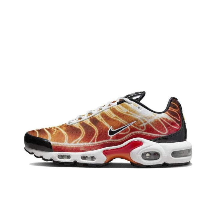 Nike Air Max Plus sneakers with red and orange flame pattern design