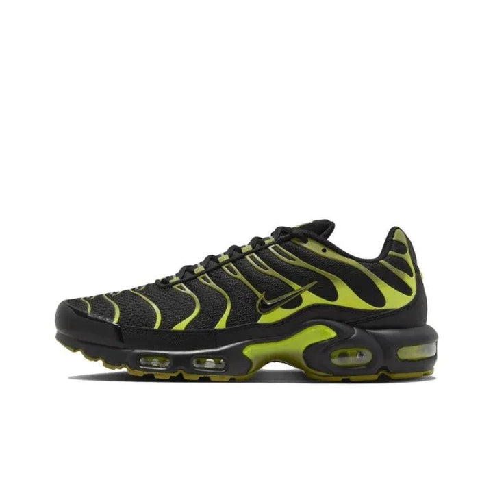 Black and neon yellow Nike Air Max Plus sneakers with wavy design and visible air units.