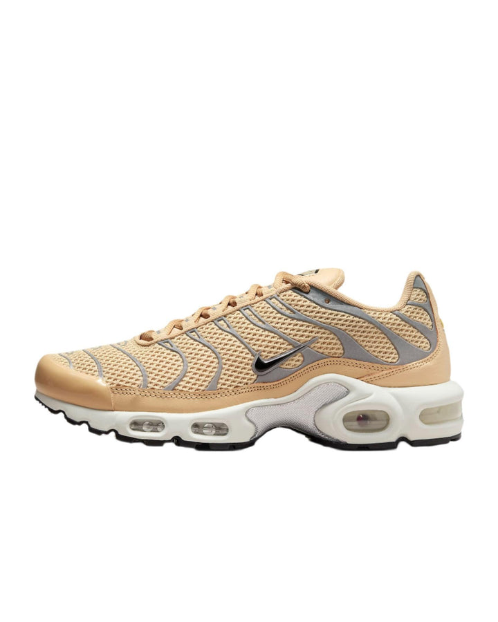 Beige and tan mesh athletic running sneakers with air cushioning sole