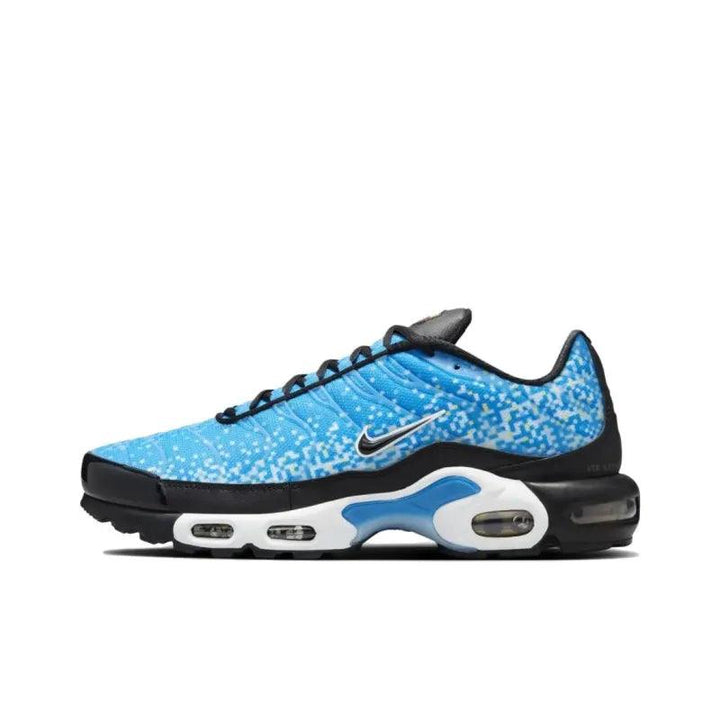 Blue and black patterned Nike Air Max Plus athletic running shoes for men.