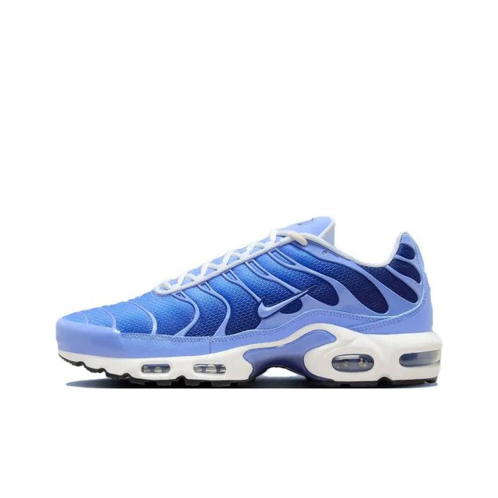 Blue and purple gradient athletic running sneakers with white soles