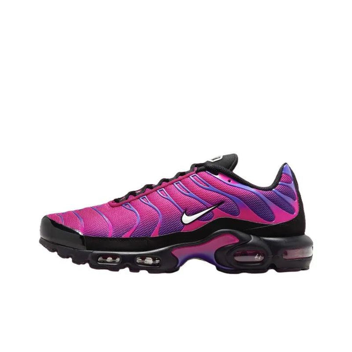 Nike Air Max Plus sneakers in purple and black with wavy pattern design