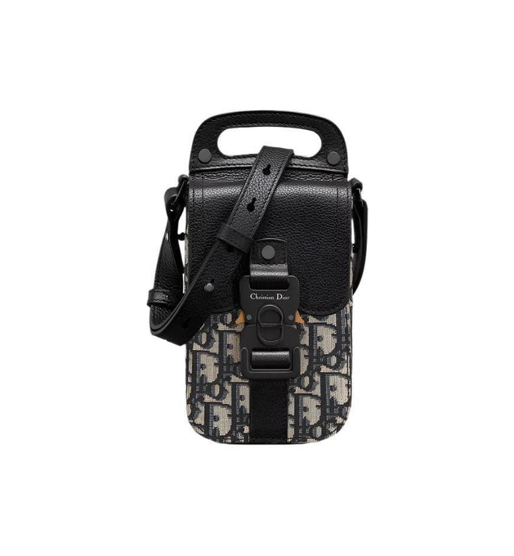 Saddle Vertical Pouch with Strap Beige and Black Dior Oblique Jacquard with Black Grained Calfskin