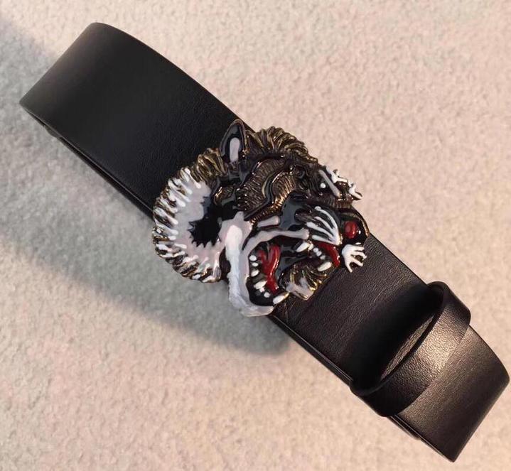 GUCCI Black Leather Tiger Head Buckle Belt