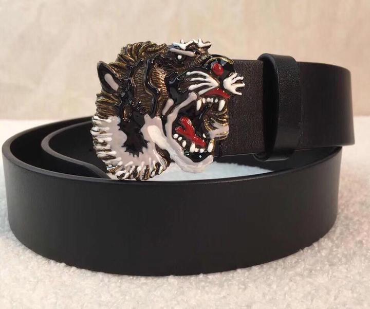 GUCCI Black Leather Tiger Head Buckle Belt