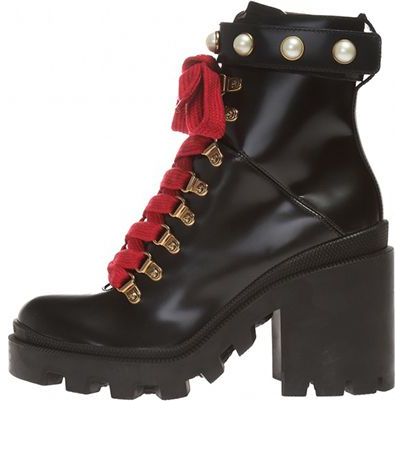 (WMNS) Gucci Magnum Calfskin Pearl Lace Up Combat Ankle Boots 'Black' 497372-DKS00-1000