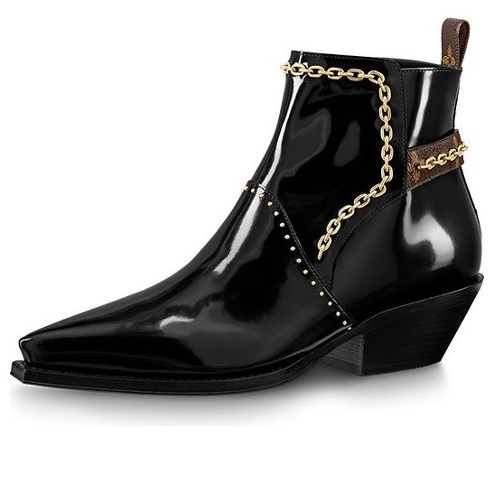 (WMNS) LOUIS VUITTON Matador Ankle Boots 'Black with Gold Chain and Monogram Straps' 1A8D0C